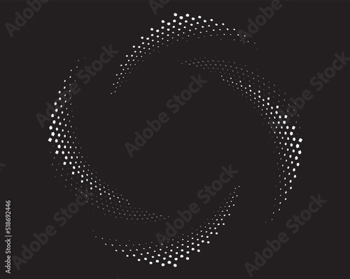 White halftone dots in vortex form. Geometric art. Trendy design element.Circular and radial lines volute, helix.Segmented circle with rotation.Radiating arc lines.Cochlear