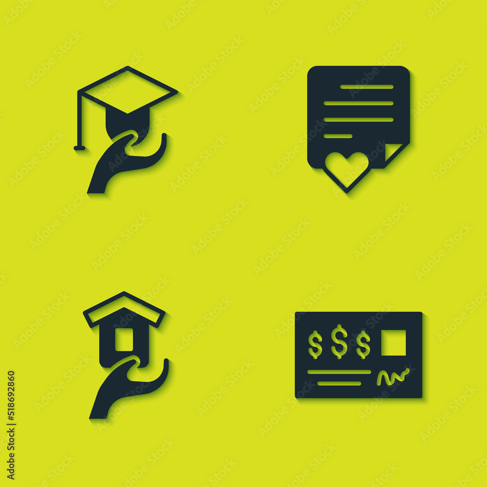 Set Education grant, Bank check, Shelter for homeless and Envelope with heart icon. Vector Set Education grant, Bank check, Shelter for homeless and Envelope with heart icon. Vector