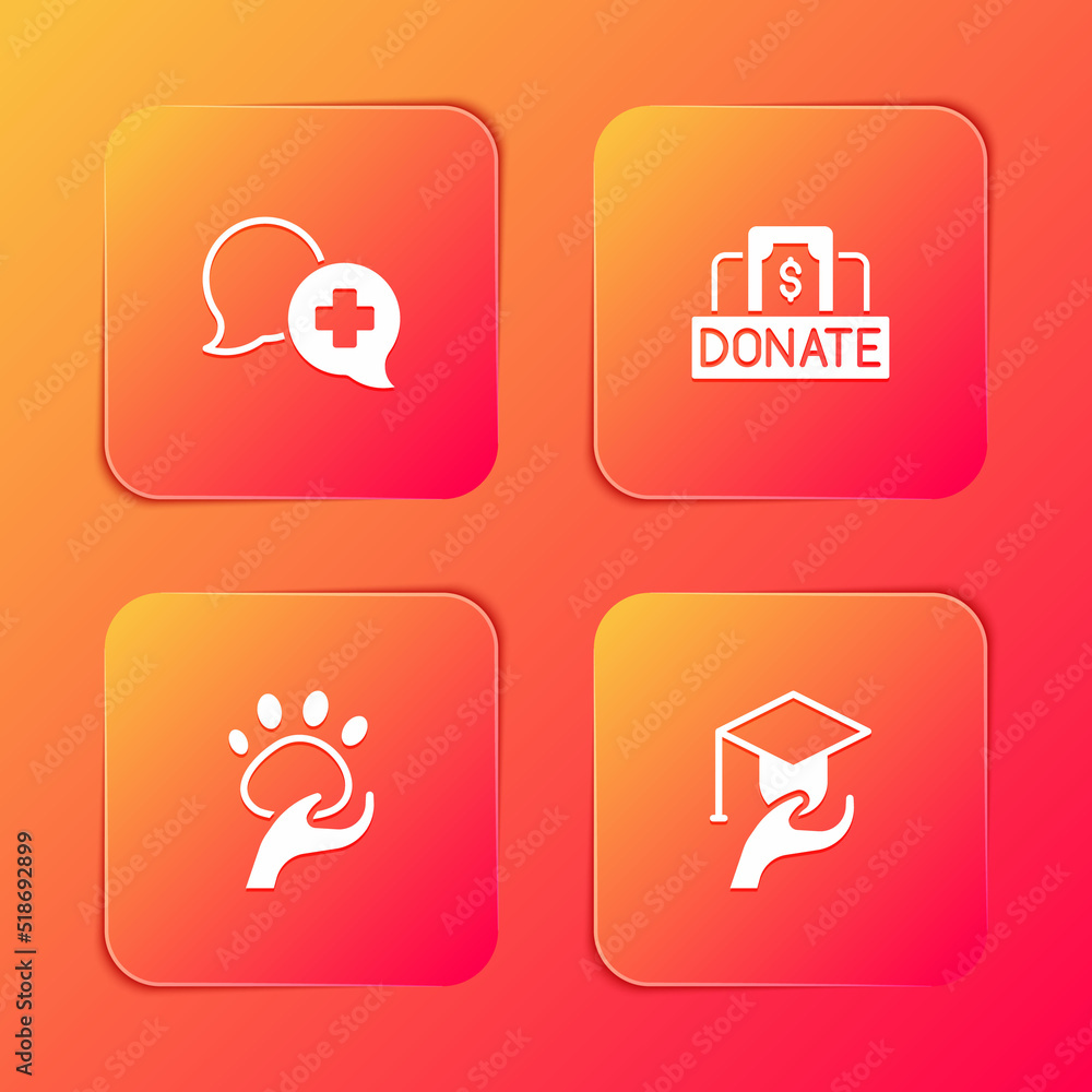Set Dialogue with doctor, Donation and charity, Animal volunteer and Education grant icon. Vector Set Dialogue with doctor, Donation and charity, Animal volunteer and Education grant icon. Vector