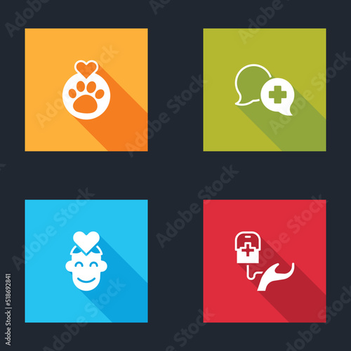 Set Heart with animals footprint, Dialogue doctor, Volunteer and Blood donation icon. Vector