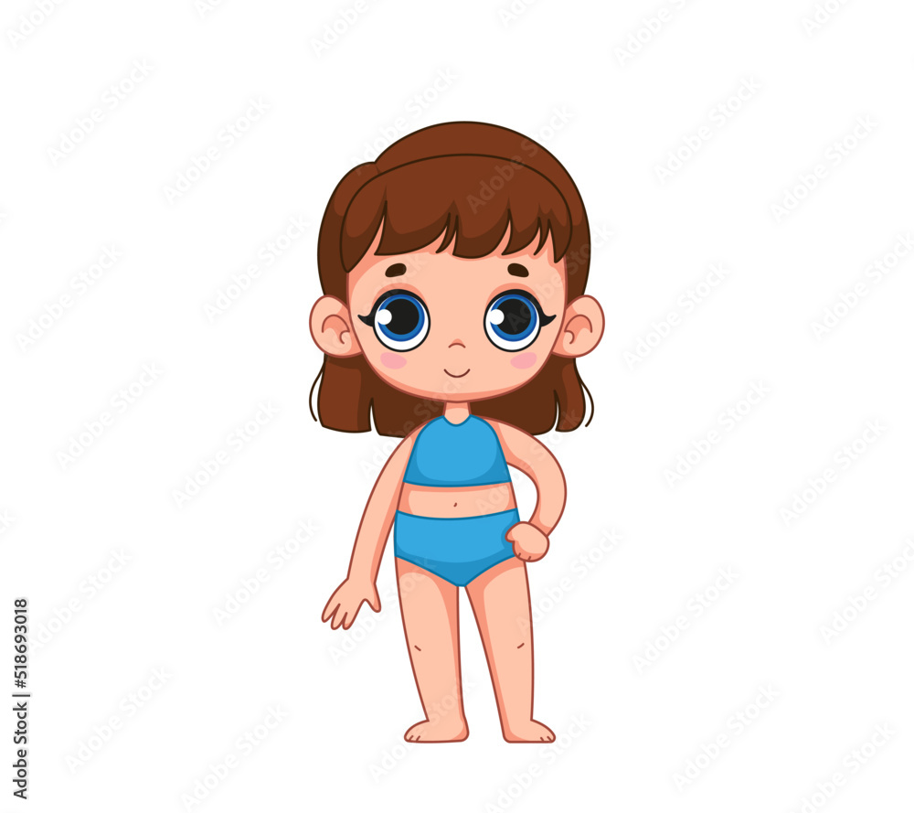 Pretty black-haired girl in a blue bathing suit. Children's illustration of a child in a bathing suit. Vector illustration in cartoon childish style. Isolated funny clipart. Cute baby print.