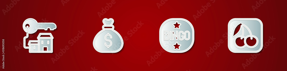 Set Winning house with key, Money bag, Bingo and Slot machine cherry icon. Vector Set Winning house with key, Money bag, Bingo and Slot machine cherry icon. Vector