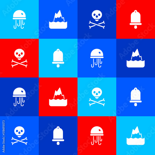 Set Jellyfish, Iceberg, Skull on crossbones and Ship bell icon. Vector photo