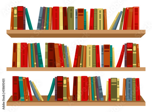 Bookshelf library interior wall colorful flat set. Read design bookcase office literature school study collection vintage work. Background wooden shelf archive stack row journal isolated on white