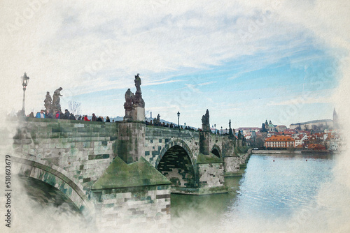 Prague Charles Bridge and Vltava river digital watercolor illustration in old town of Prague, Czech Republic. Digital painting of iconic scenery in Prague 