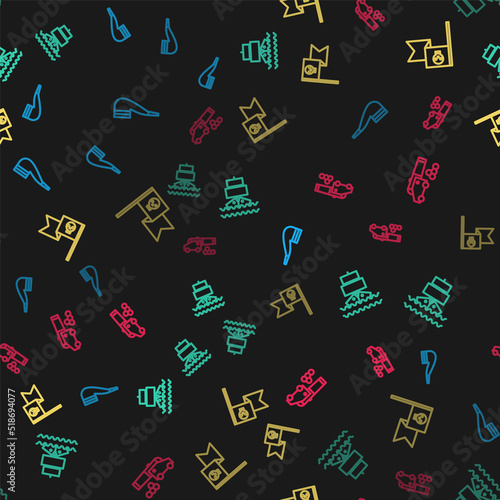 Set line Smoking pipe, Ship, Pirate flag with skull and Cannon cannonballs on seamless pattern. Vector