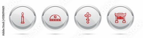 Set line Burning candle, Jewish kippah with star of david, Christian cross and Japan Gate. Silver circle button. Vector