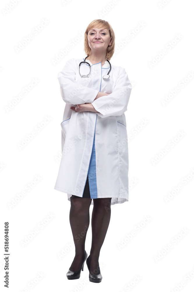 in full growth.friendly female doctor with a stethoscope. in full growth.friendly female doctor with a stethoscope.
