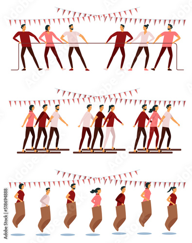 A group of Indonesian young people are conducting competitions which are usually held on August 17, such as clog competitions, sack races and tug of war competitions.