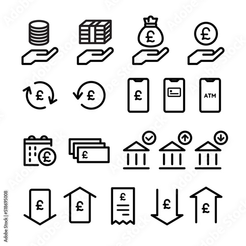 Icon set of money, banknotes, coins, payment, investment, accounting, currency, e-money, household, finance