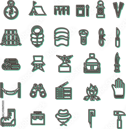 カラーシャドウのキャンプ道具アイコンセット