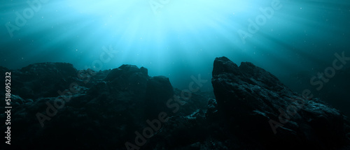 Rugged Landscape Terrain Underwater Dark Scene. Lake or Ocean Water. 3d Rendering Art Background. Sunny Sunrays.