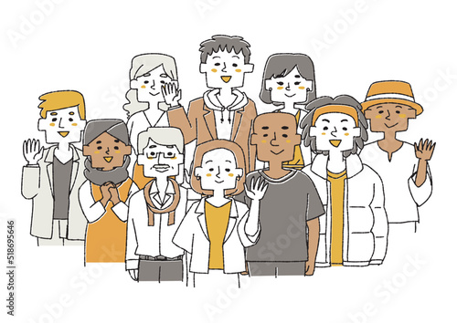 様々な国籍、人種、性別の人々が並んでこっちに笑顔で手を振る　多様性のある社会