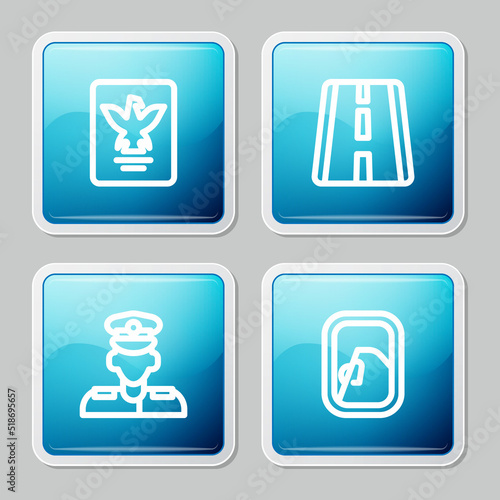 Set line Passport, Airport runway, Pilot and Airplane window icon. Vector