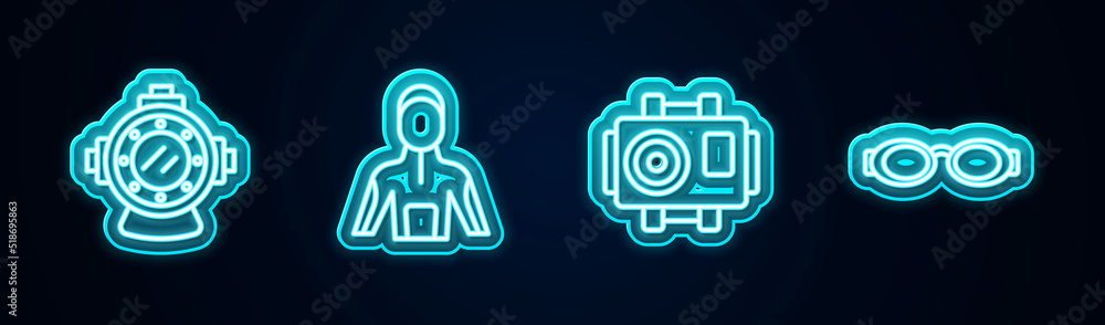 Set line Aqualung, Wetsuit for scuba diving, Photo camera diver and Glasses swimming. Glowing neon icon. Vector Set line Aqualung, Wetsuit for scuba diving, Photo camera diver and Glasses swimming. Glowing neon icon. Vector