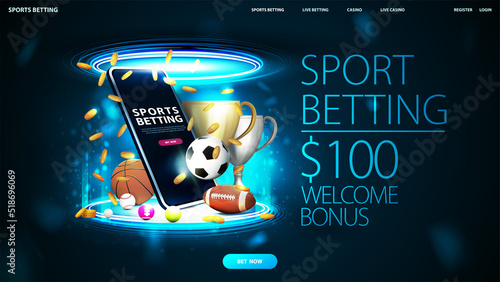 Sports betting, digital banner with smartphone, champion cups, falling gold coins and sport balls inside blue portal made of digital rings in dark empty scene