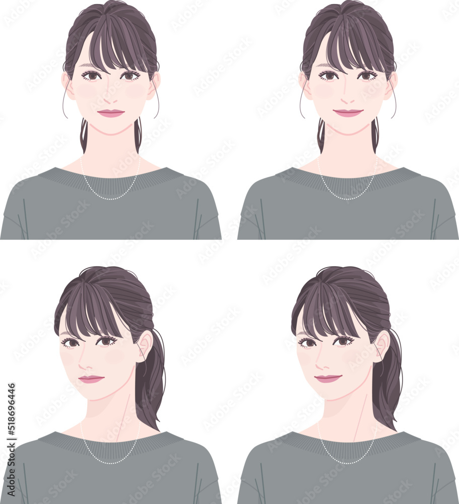Woman with a ponytail. A set of front and three-quarter view face. Two types, a standard expression and a smile. Woman with a ponytail. A set of front and three-quarter view face. Two types, a standard expression and a smile.