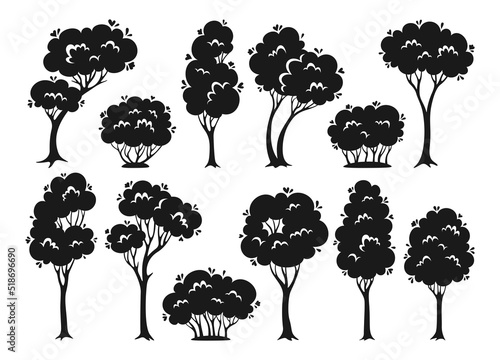 Trees and shrub cartoon silhouette set. Abstract engraved evergreen stylized plant botanical collection, nature shape bush. Deciduous tree with leaves and lush crowns. Green park, forest stamp vector