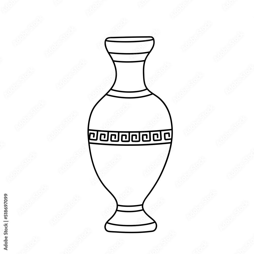 Vector illustration of a clay jug with greek ornament in the doodle style isolated on a white background. Vector illustration of a clay jug with greek ornament in the doodle style isolated on a white background.