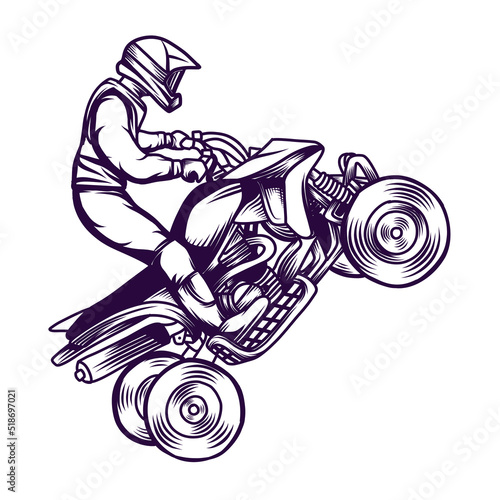 Vector illustration of Quad bike, ATV rider jumping style isolated on white. Use for poster, printing, sticker, merch, banner, logo.