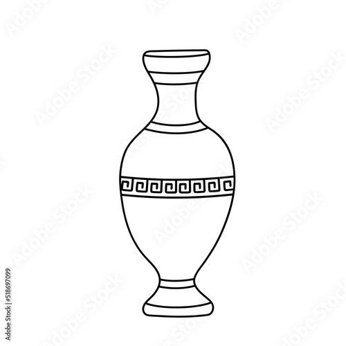 Vector illustration of a clay jug with greek ornament in the doodle style isolated on a white background.