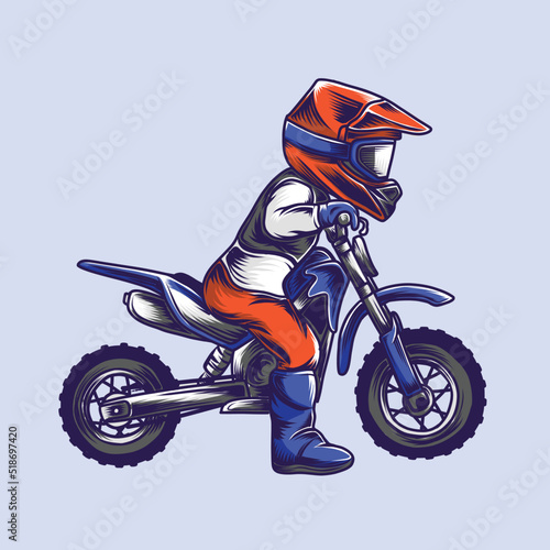 Motocross vector. Little boy riding mini motocross. Mini moto bike.