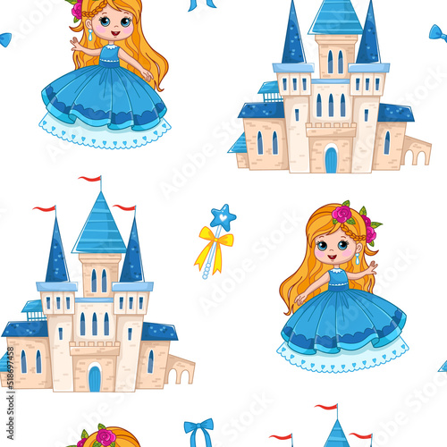 Seamless pattern with a cute little princess in a ball gown and a palace. Royal castle in a fun children's style. Vector illustration for print clothes, postcards, textiles. For little girls.