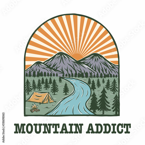 Mountain Addict Logo. Camping Outdoor Vintage Hand Drawn logo Vector Illustration.