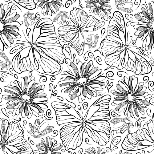 Seamless botanical pattern with butterflies and flowers in doodle technique 