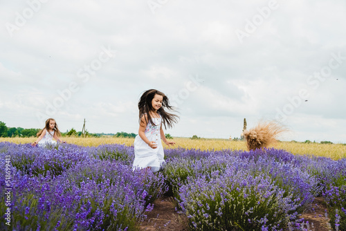 The child is smiling rest.A happy girl in a mint dress jumps up.Little girl in a lavender field, running and jumping.A cheerful kid is jumping from the bottom down in a field of flowers.