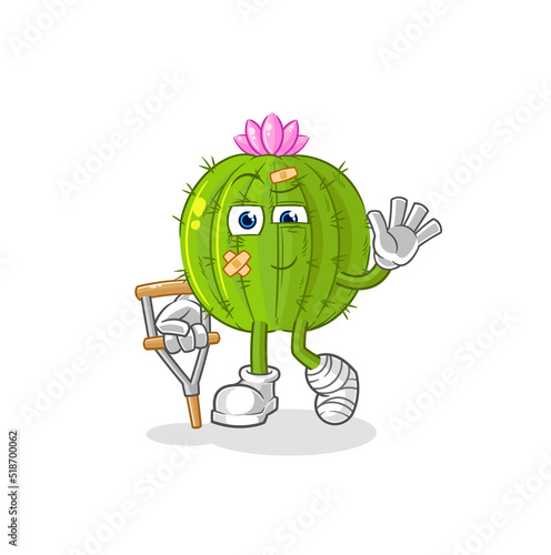 cactus sick with limping stick. cartoon mascot vector