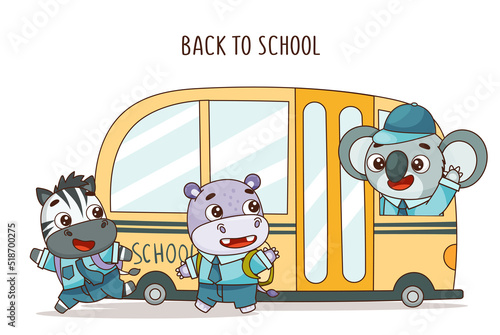 Set of kids kawaii tropical animals came from school on a school bus. Vector illustration for designs, prints, patterns. Isolated on white background