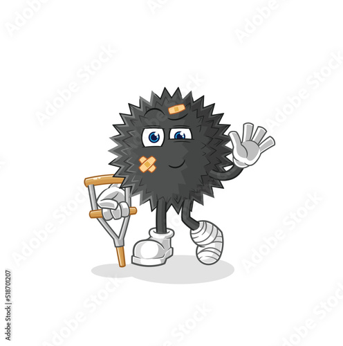 sea urchin sick with limping stick. cartoon mascot vector