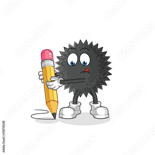 sea urchin write with pencil. cartoon mascot vector
