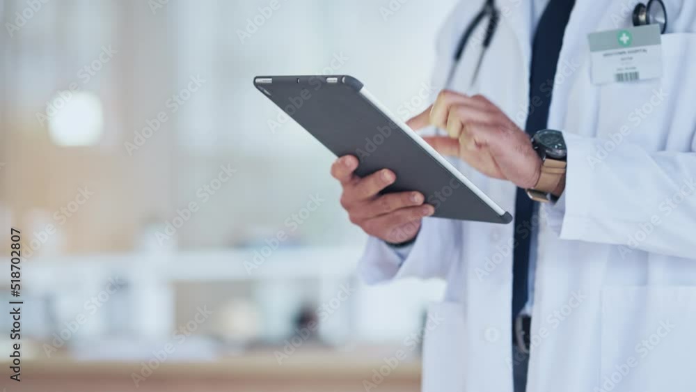 Hands of a doctor sending a digital prescription to a patient online using a tablet. Closeup of a healthcare professional in a hospital, researching the latest breakthrough and innovation in medicine Hands of a doctor sending a digital prescription to a patient online using a tablet. Closeup of a healthcare professional in a hospital, researching the latest breakthrough and innovation in medicine
