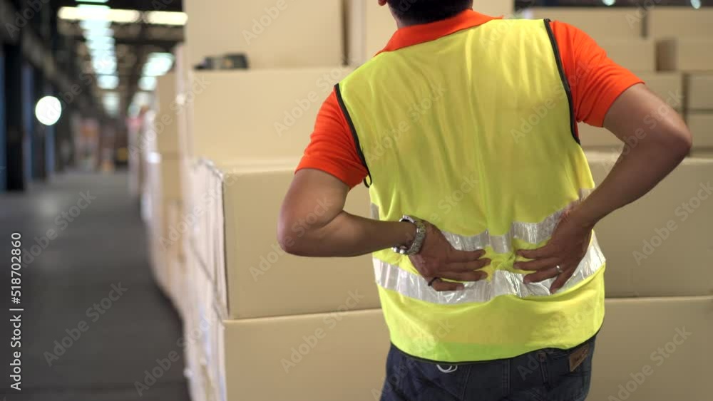 Worker in warehouse carrying a heavy box and got injured at his back.