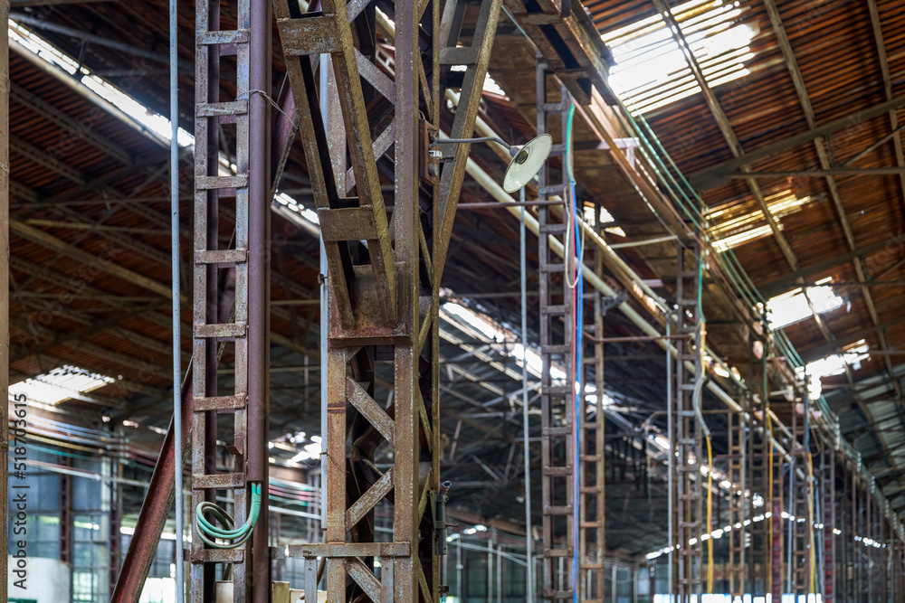 Steel frame structure load-bearing columns in abandoned factory workshop
