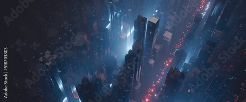 3D Rendering of sci fi city aerial view. Sky scrapper buildings with many glowing lights from led and advertising signs. For wallpaper  technology product background