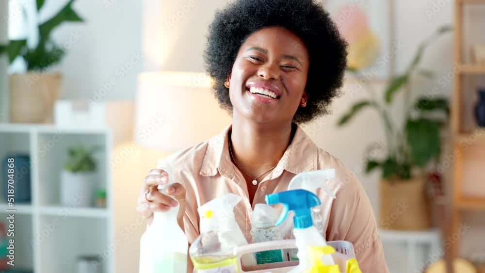 Woman laughing, having fun and spring cleaning at home. Portrait of a female cleaner spraying sanitizer while doing chores to keep things neat and tidy. Busy with housework for a hygienic house Woman laughing, having fun and spring cleaning at home. Portrait of a female cleaner spraying sanitizer while doing chores to keep things neat and tidy. Busy with housework for a hygienic house