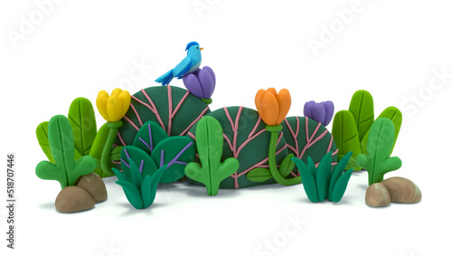 Tropical plants and flowers exotic. Jungle plasticine art icon set. Exotic leaves and flowers made of plasticine. 3d artwork 