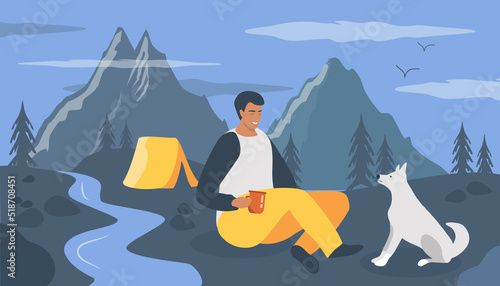 vector illustration in a flat style on the theme of camping, tourism, outdoor recreation. a man sits with a dog near the tent