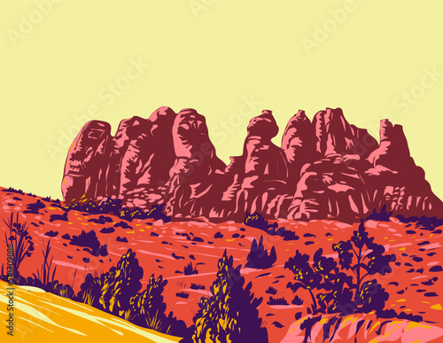 WPA poster art of Skyline Arch Trail on Arches Entrance Road in Arches National Park located in Moab, Utah, United States USA done in works project administration style. photo