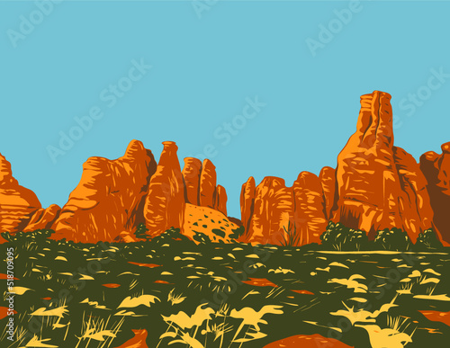 WPA poster art of Broken Arch in the Broken Arch Trail from Sand Dune Arch trailhead in Arches National Park located in Moab, Utah, United States USA done in works project administration style.