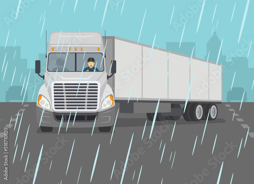 Safe car driving at rainy day. Front view of a truck skidding across the wet road. Slippery, wet roadway scene. Flat vector illustration template.