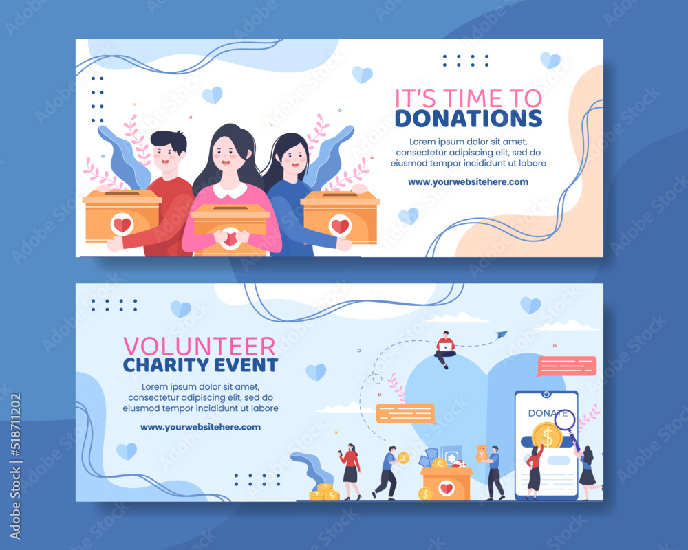 Charity Donation Horizontal Banner Template Flat Cartoon Background Vector Illustration