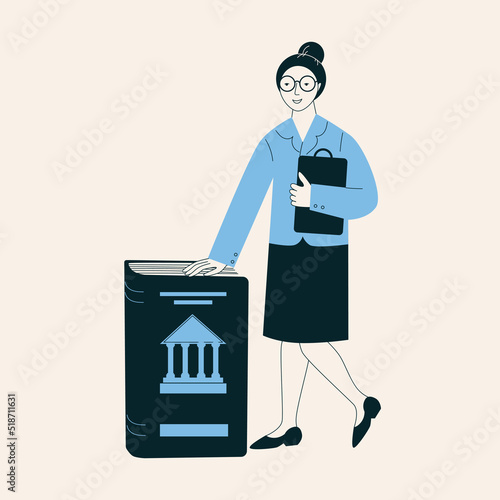 Lawyer woman leans on a book of laws