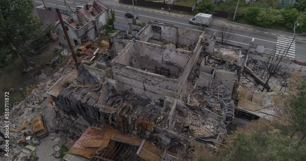 IRPIN, UKRAINE - JUNE 22, 2022: buildings destroyed by the Russian army IRPIN, UKRAINE - JUNE 22, 2022: buildings destroyed by the Russian army