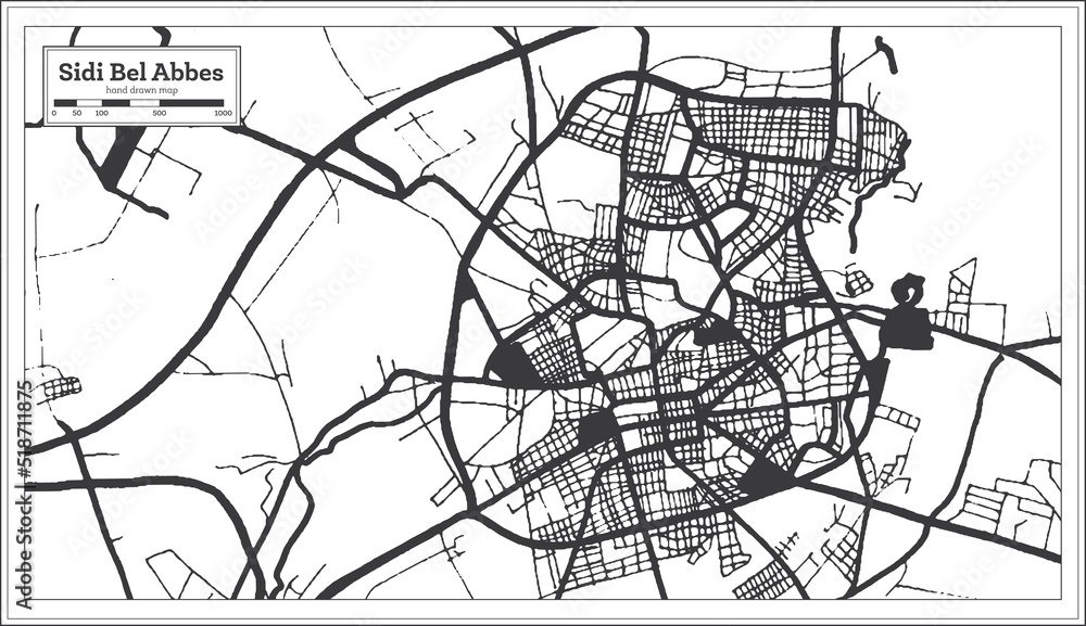 Sidi Bel Abbes Algeria City Map in Retro Style in Black and White Color. Outline Map.