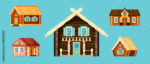 rural russian houses. village wooden houses. Vector architectural construction in cartoon style