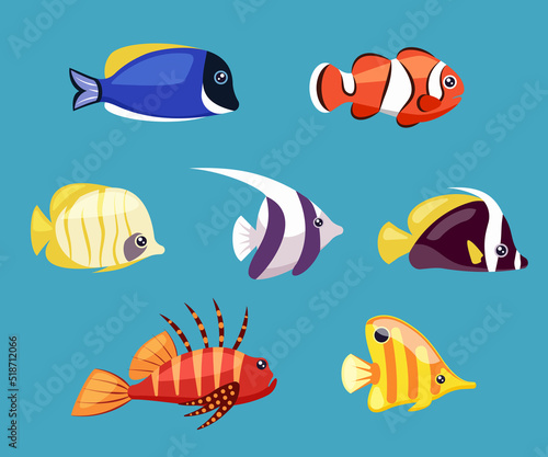 exotic fishes. river ocean and aquarium underwater life colored fishes with various ornament. Vector wild animals